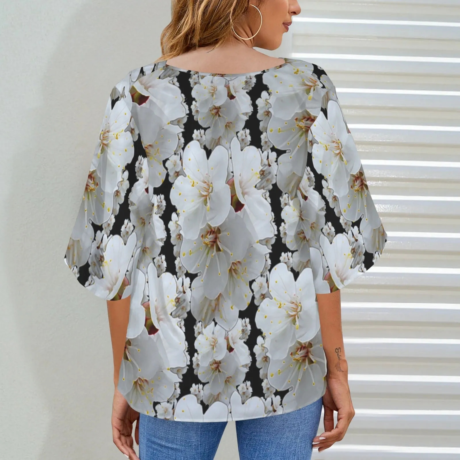 TRP Floral Print 01-01 Designer Draped Neck Flare Sleeve Blouse