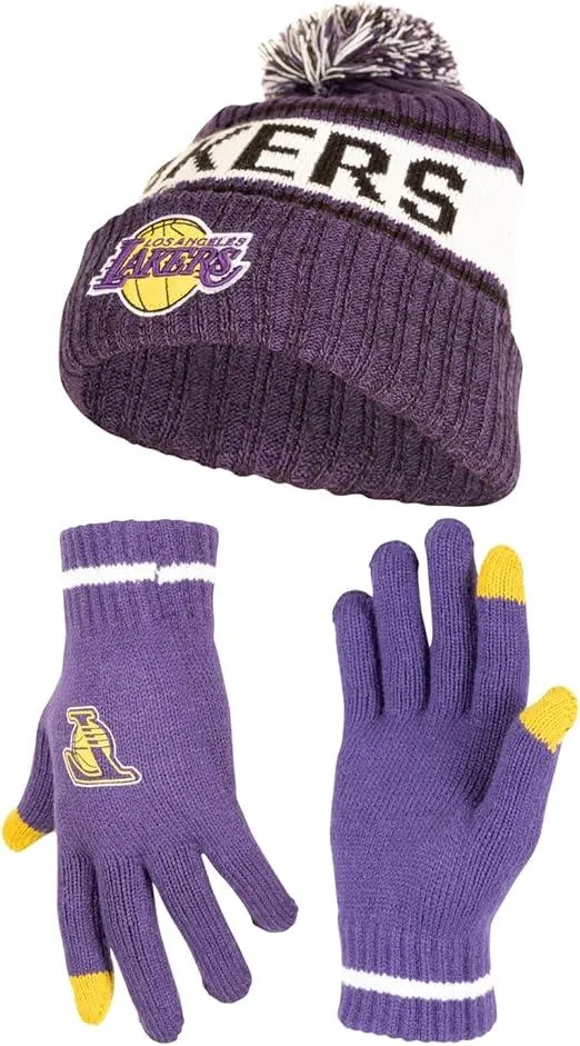 Ultra Game NBA Official Men’s Super Soft Winter Beanie Knit Hat With Extra Warm Touch Screen Gloves - Unisex, Los Angeles Lakers, Team Color, 1SIZE|Los Angeles Lakers