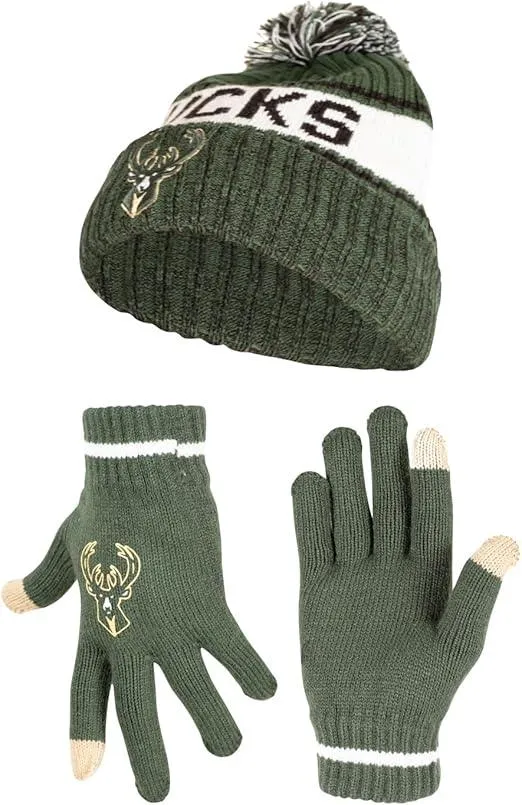 Ultra Game NBA Official Men’s Super Soft Winter Beanie Knit Hat With Extra Warm Touch Screen Gloves - Unisex, Milwaukee Bucks, Team Color, 1SIZE|Milwaukee Bucks