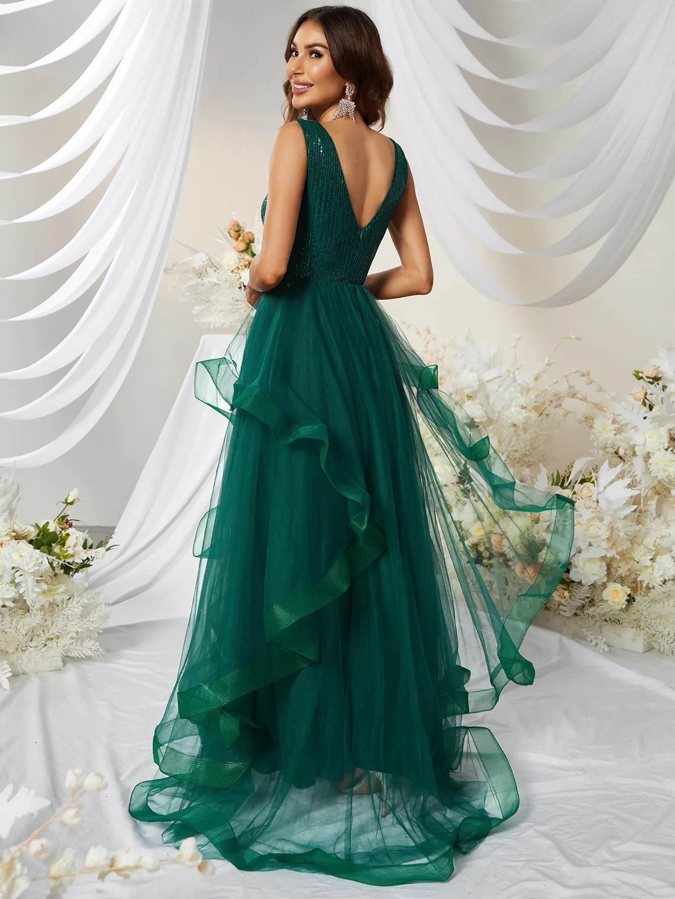 V Neck Tulle Green Layered Prom Dress