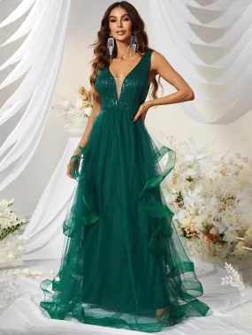 V Neck Tulle Green Layered Prom Dress