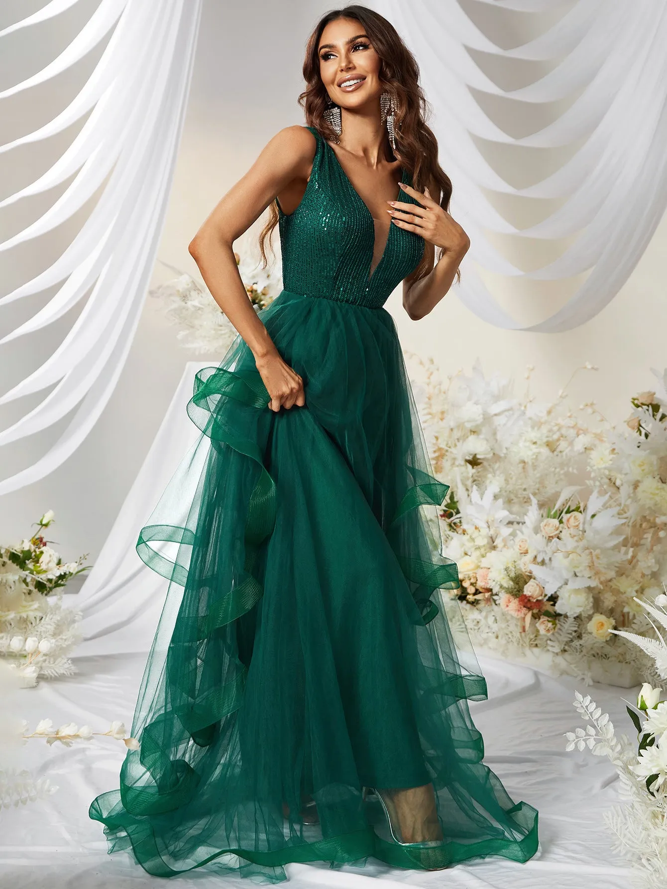 V Neck Tulle Green Layered Prom Dress