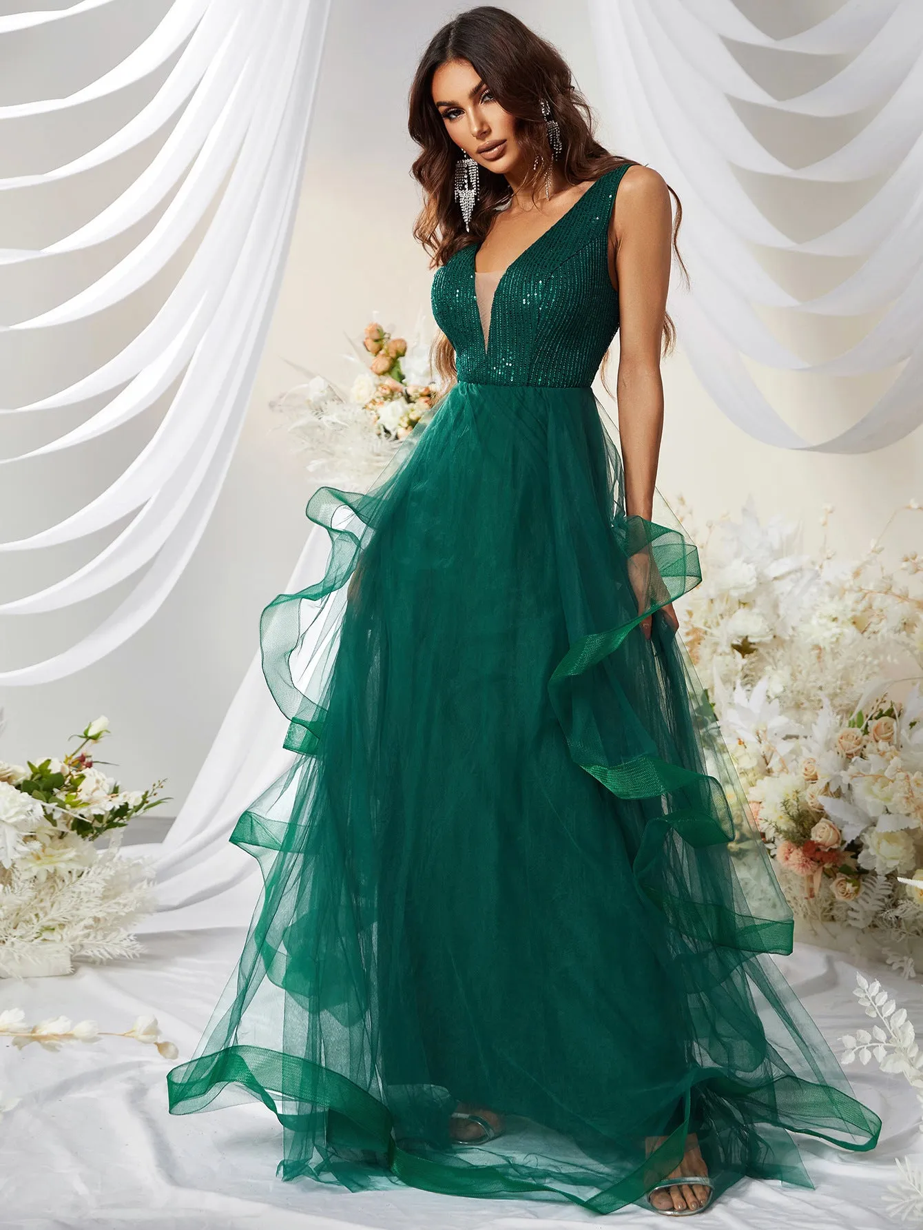 V Neck Tulle Green Layered Prom Dress