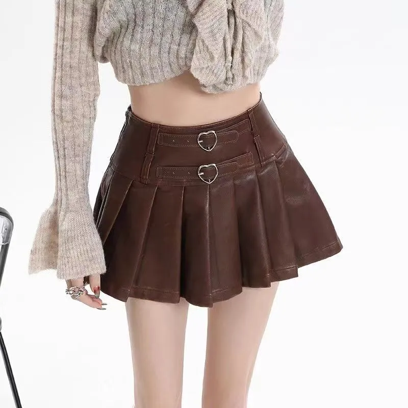 Wenkouban classy outfits men Autumn and Winter American Leather Skirt Retro Hot Girl High Waist plus Size Fat Mmpu Pleated Skirt Slimming Skirt Pleated Skirt