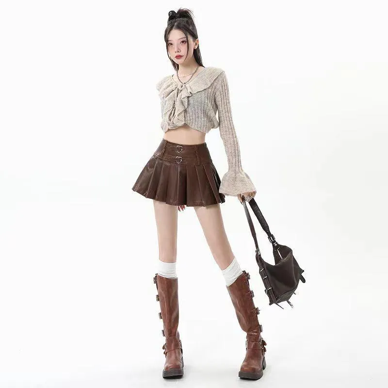 Wenkouban classy outfits men Autumn and Winter American Leather Skirt Retro Hot Girl High Waist plus Size Fat Mmpu Pleated Skirt Slimming Skirt Pleated Skirt