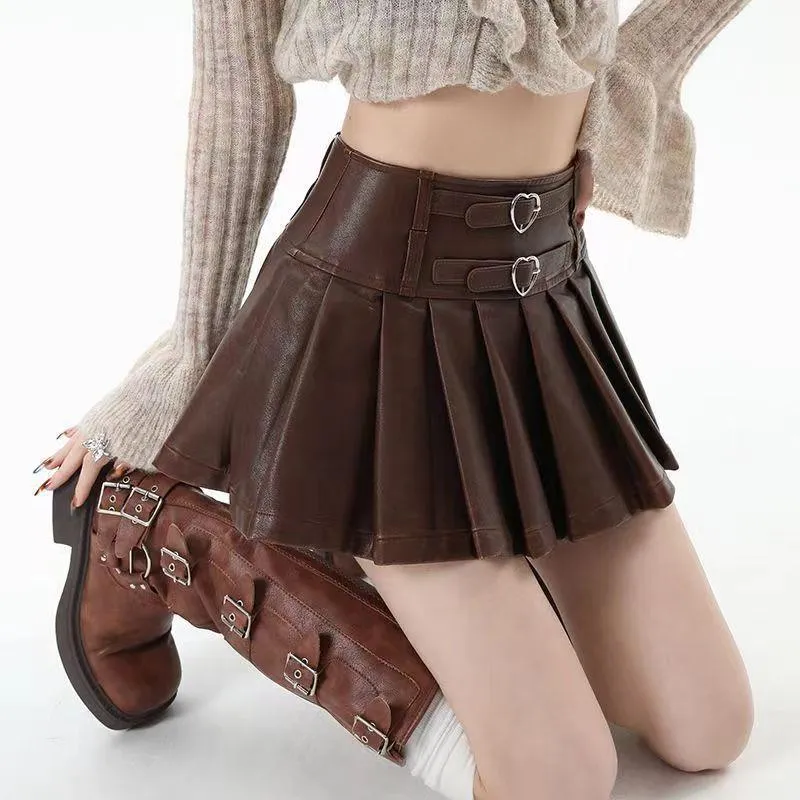 Wenkouban classy outfits men Autumn and Winter American Leather Skirt Retro Hot Girl High Waist plus Size Fat Mmpu Pleated Skirt Slimming Skirt Pleated Skirt