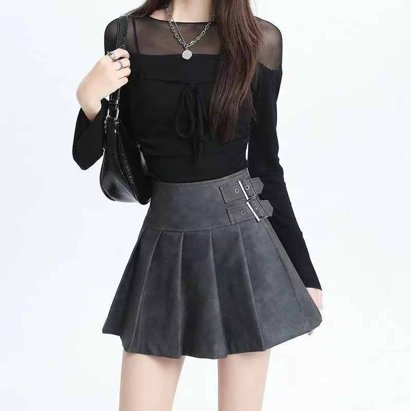 Wenkouban classy outfits men Autumn and Winter American Leather Skirt Retro Hot Girl High Waist plus Size Fat Mmpu Pleated Skirt Slimming Skirt Pleated Skirt