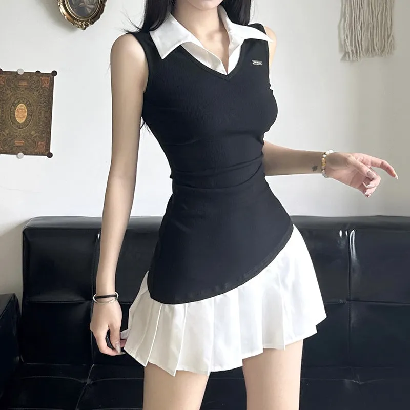 Wenkouban dress shirt Two Piece Pleated Shirt Vest Dress