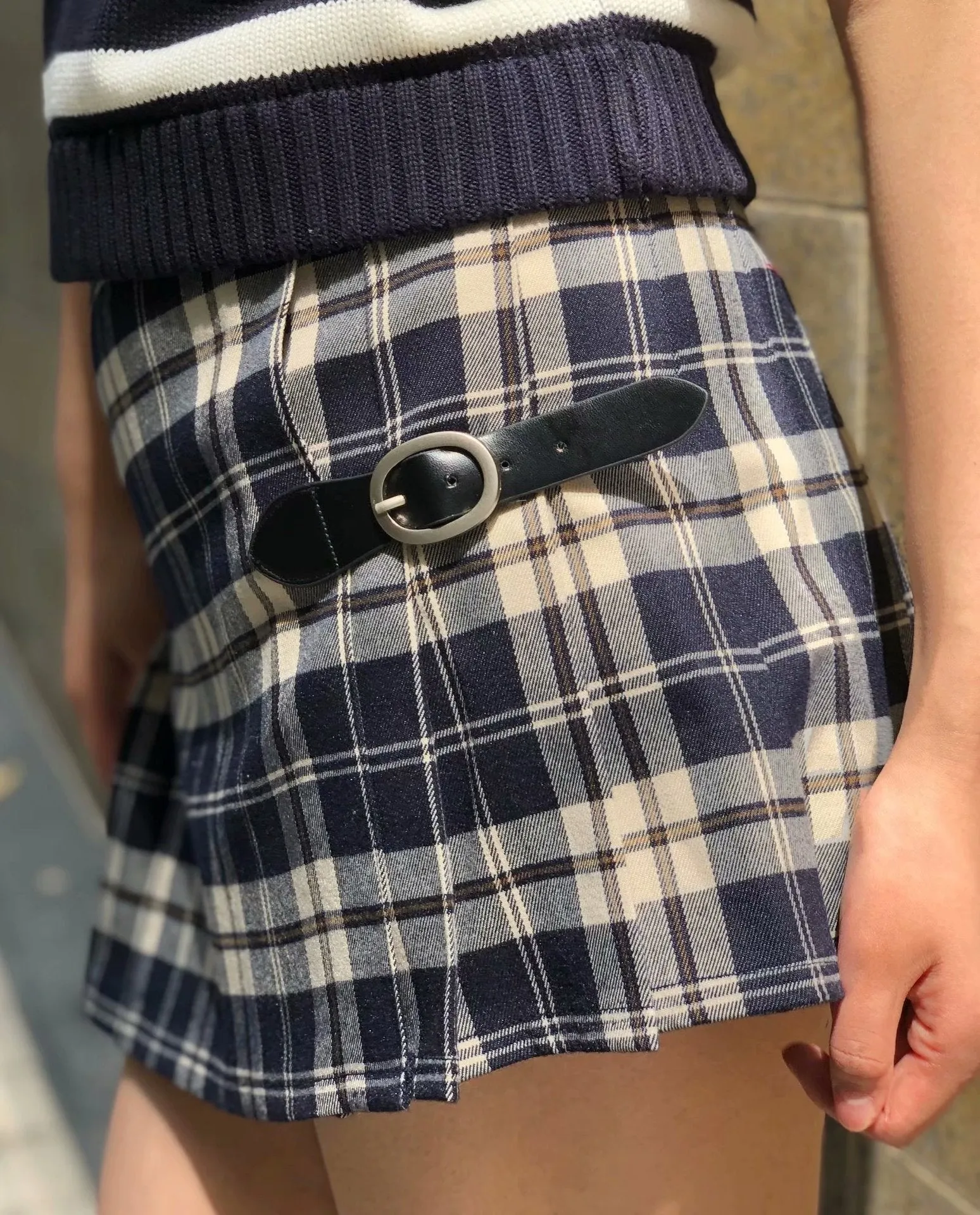 Wenkouban guys in skirts Leather Buckle Plaid Pleated Skirt A- Line Skirt Women's Plaid High Waist Hot Girl Skirt