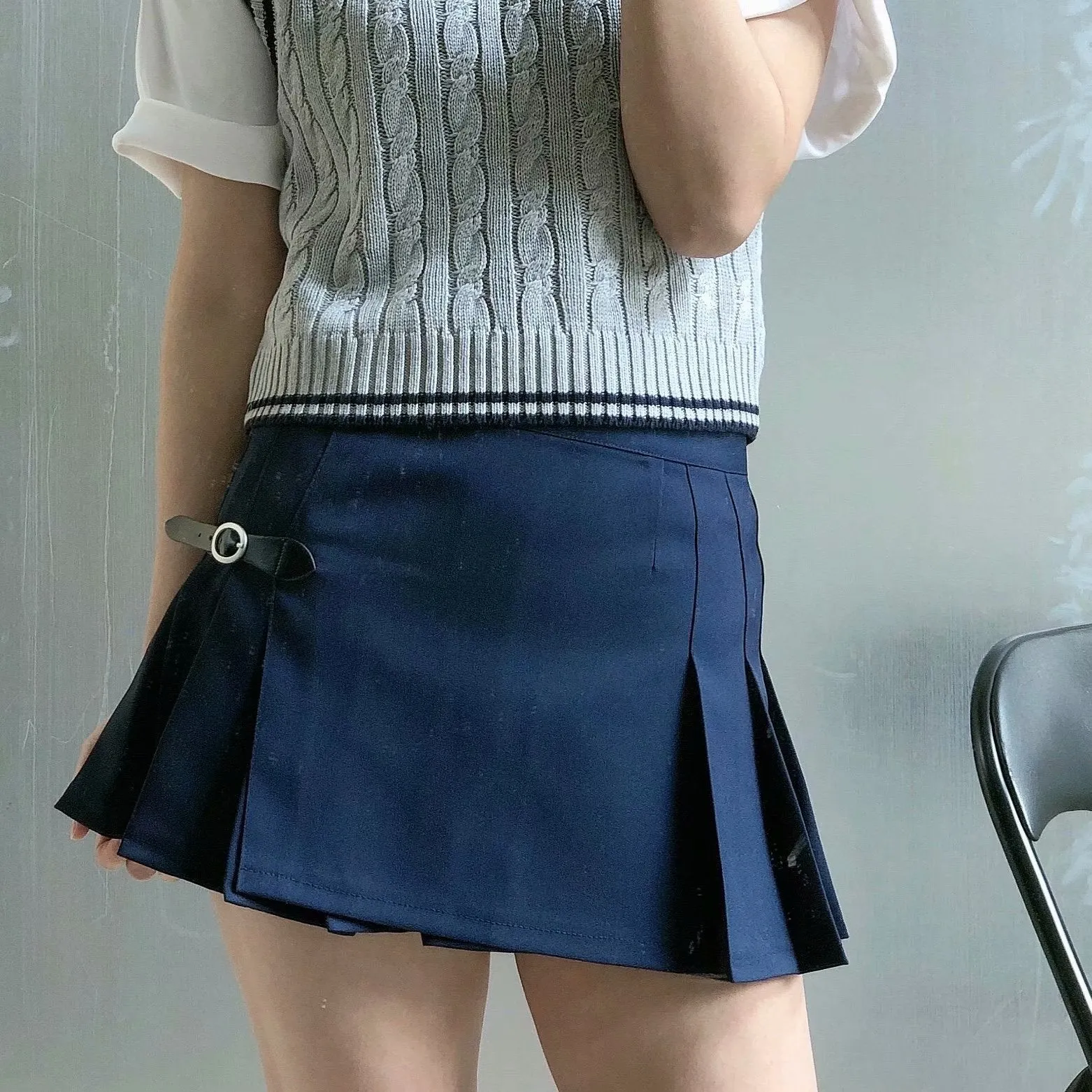 Wenkouban guys in skirts Leather Buckle Plaid Pleated Skirt A- Line Skirt Women's Plaid High Waist Hot Girl Skirt