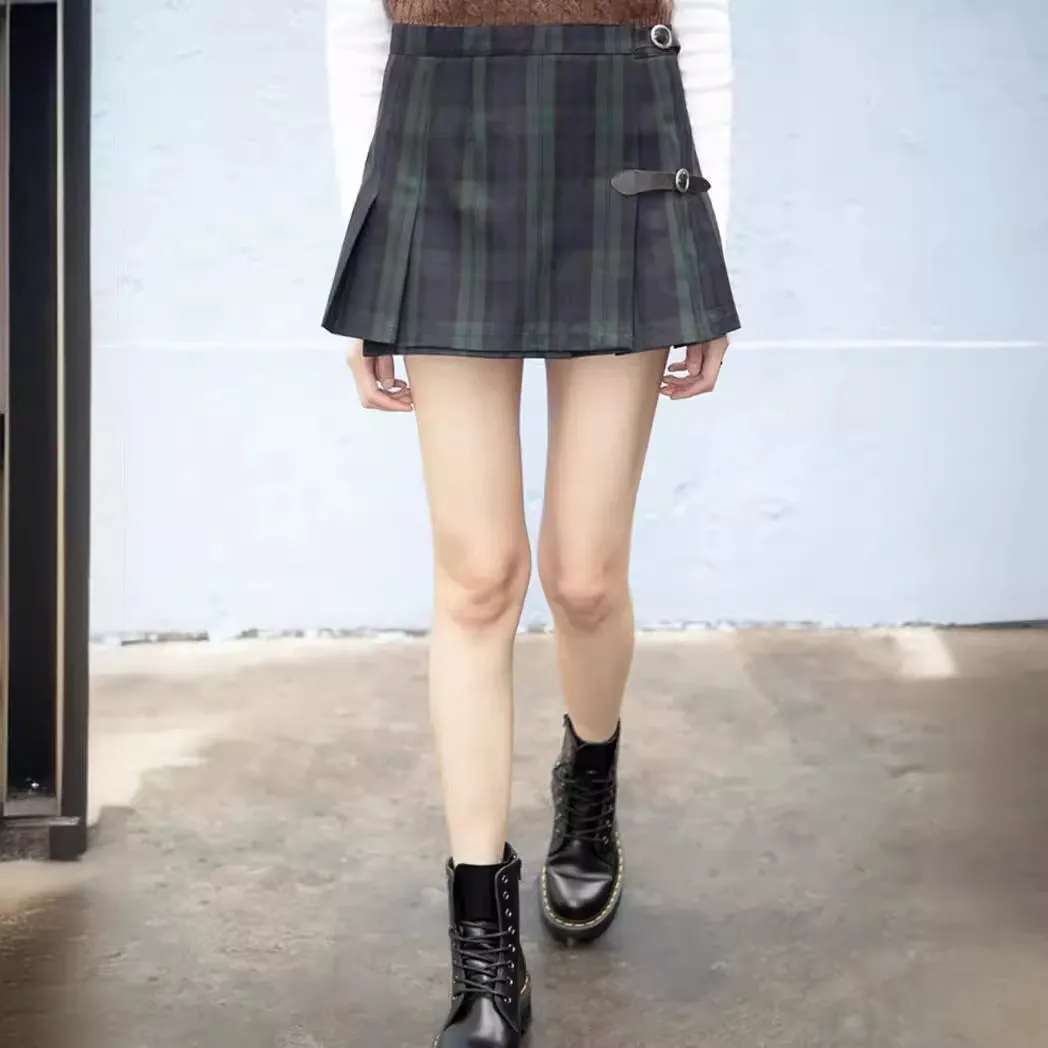 Wenkouban guys in skirts Leather Buckle Plaid Pleated Skirt A- Line Skirt Women's Plaid High Waist Skirt