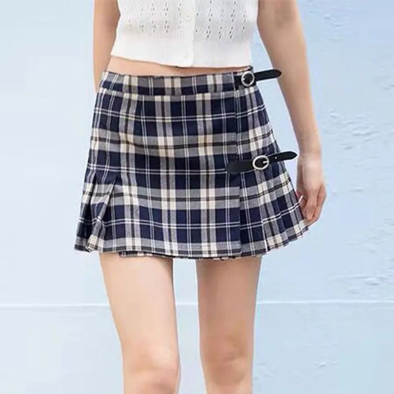 Wenkouban guys in skirts Leather Buckle Plaid Pleated Skirt A- Line Skirt Women's Plaid High Waist Skirt