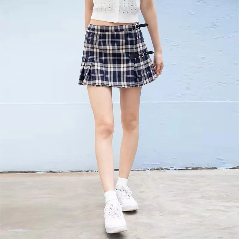 Wenkouban guys in skirts Leather Buckle Plaid Pleated Skirt A- Line Skirt Women's Plaid High Waist Skirt