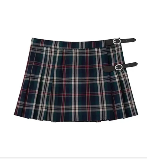 Wenkouban guys in skirts Leather Buckle Plaid Pleated Skirt A- Line Skirt Women's Plaid High Waist Skirt