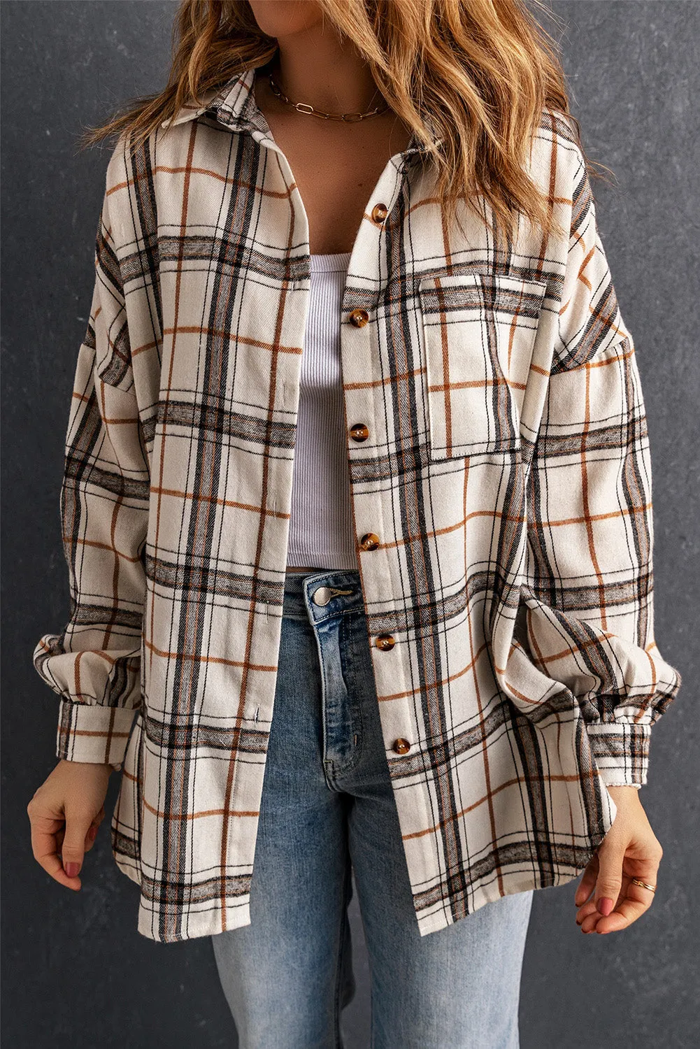 White Oversized Plaid Pattern Shacket with Slits