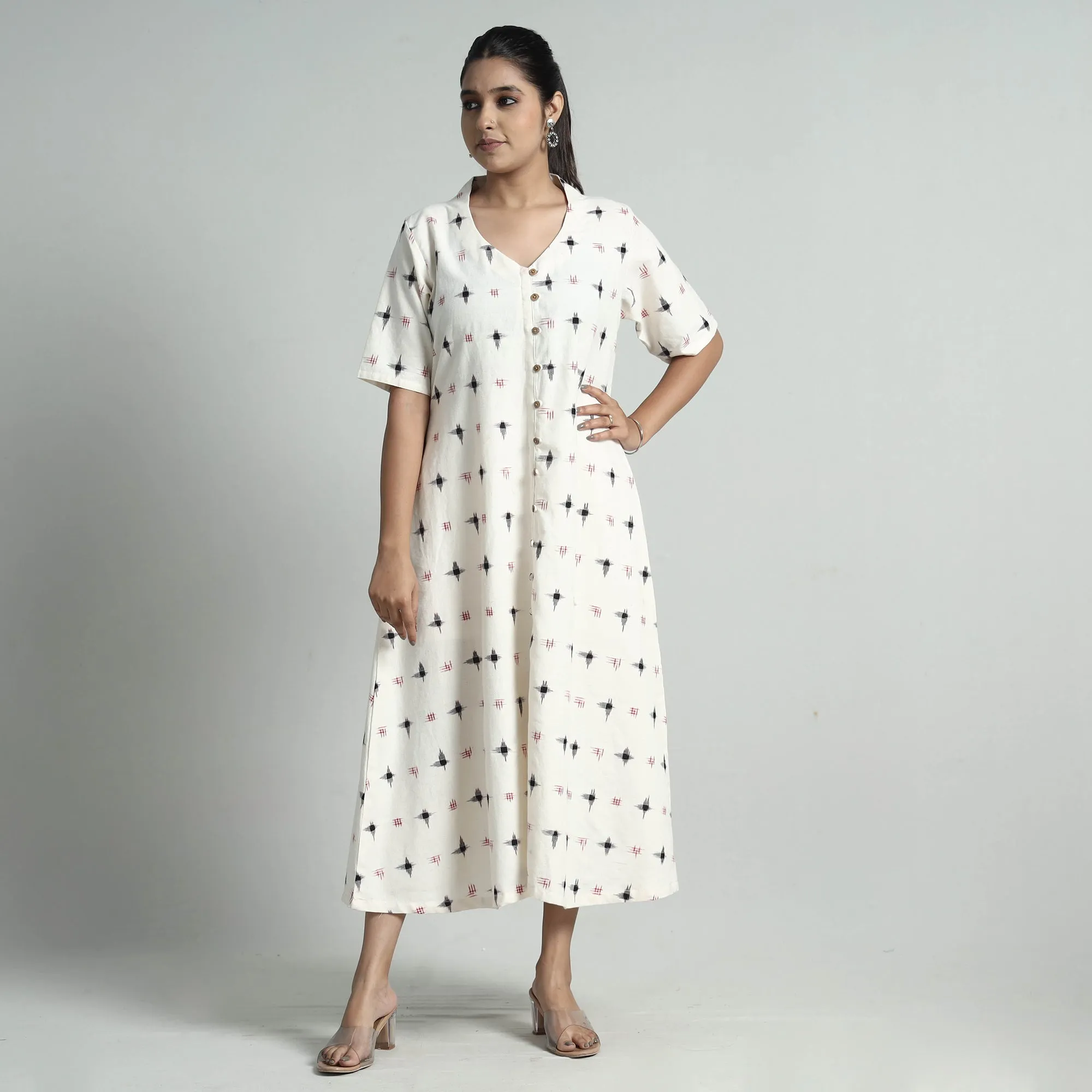 White - Pochampally Double Ikat Weave Cotton Dress