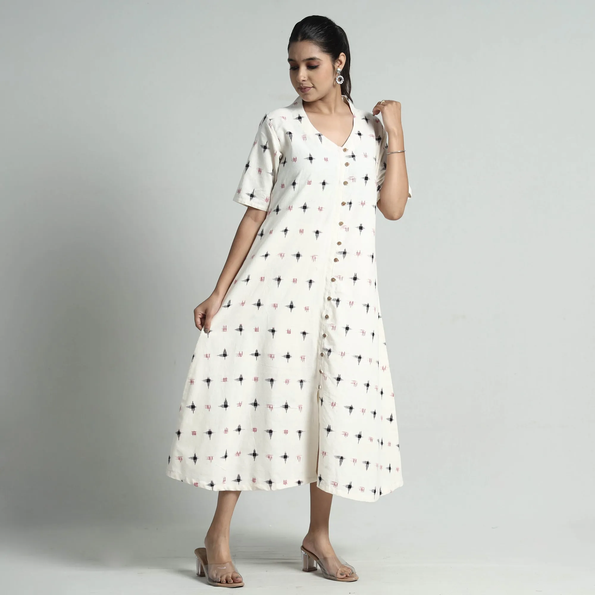 White - Pochampally Double Ikat Weave Cotton Dress