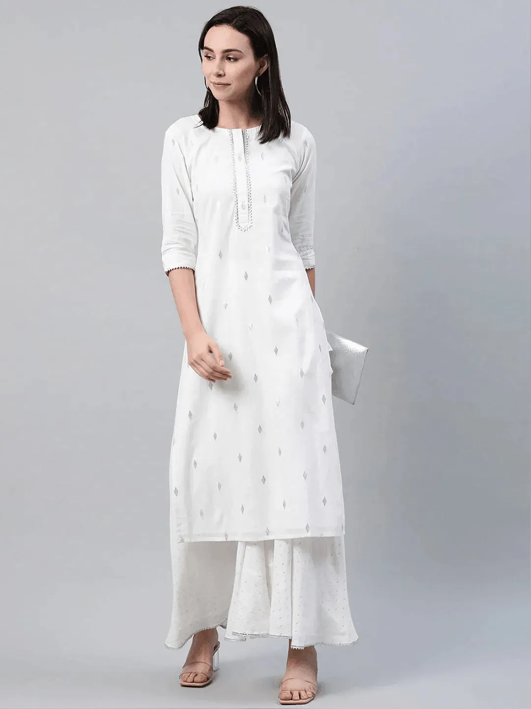 White Self Design Cotton Palazzos