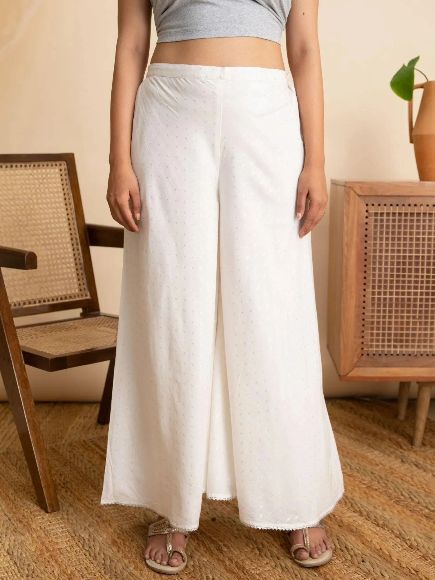 White Self Design Cotton Palazzos