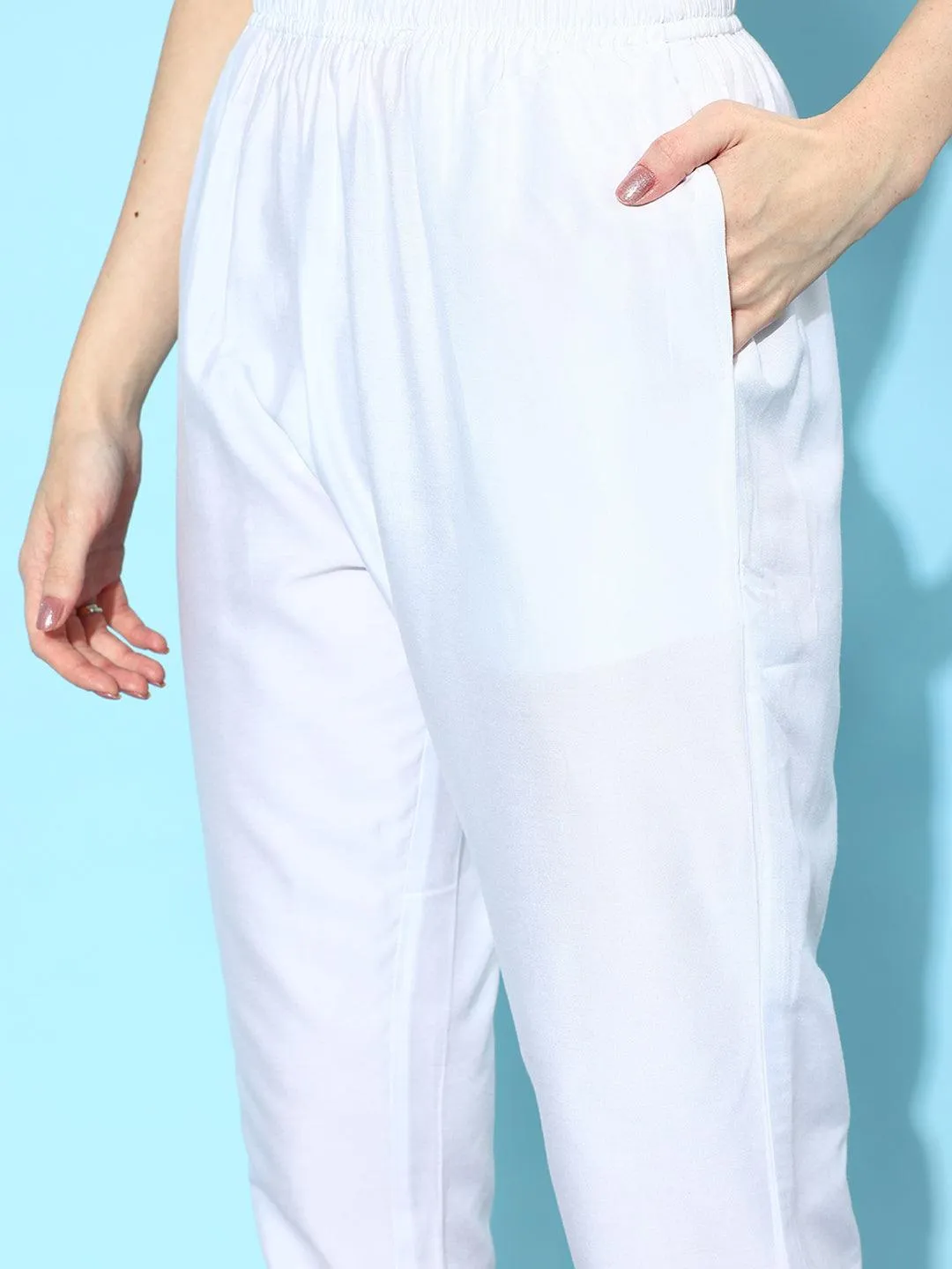 White Solid Silk Trousers