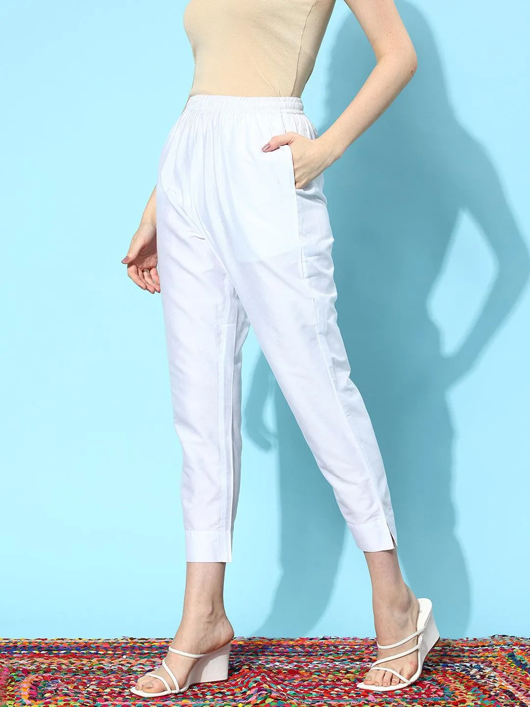 White Solid Silk Trousers