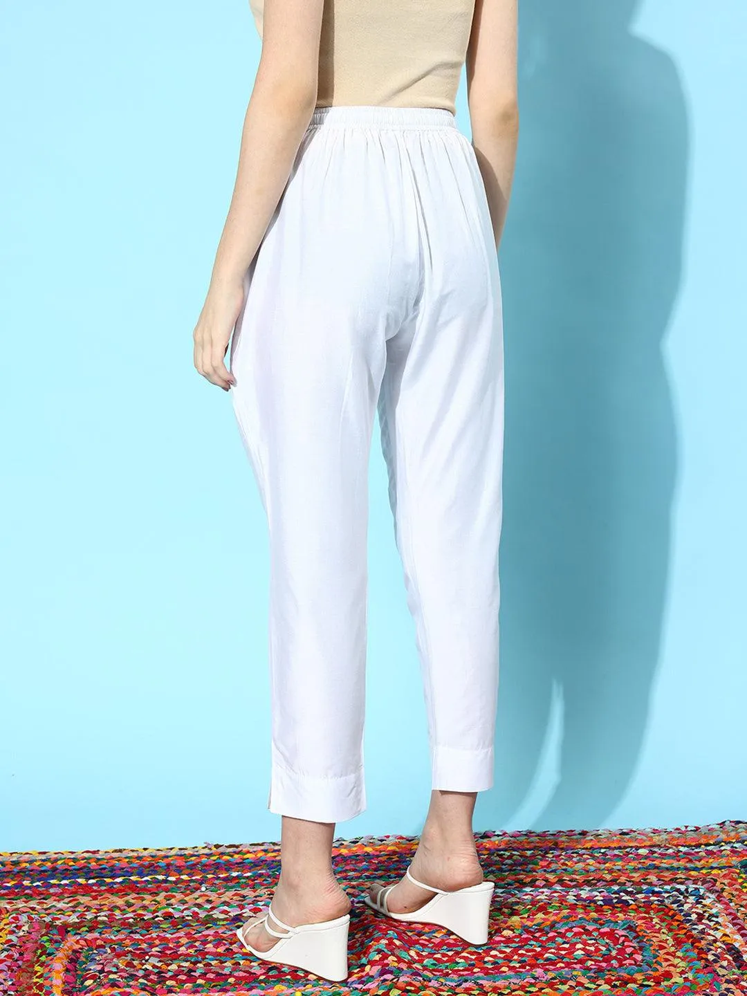 White Solid Silk Trousers