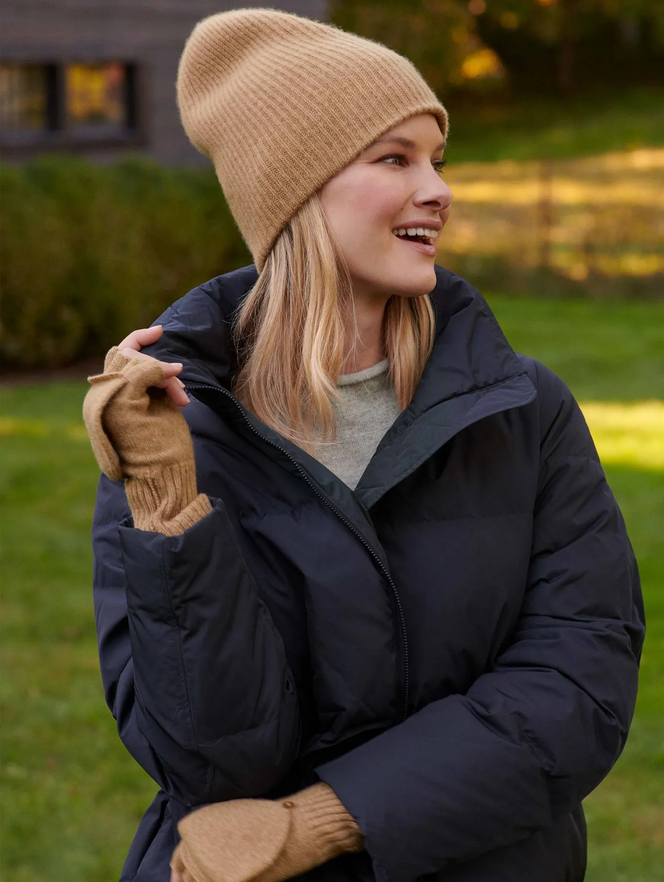 White   Warren - Cashmere Plush Rib Beanie in Camel Heather