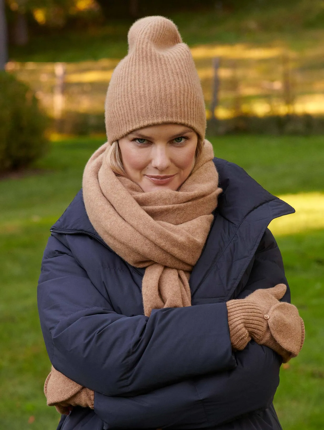 White   Warren - Cashmere Plush Rib Beanie in Camel Heather