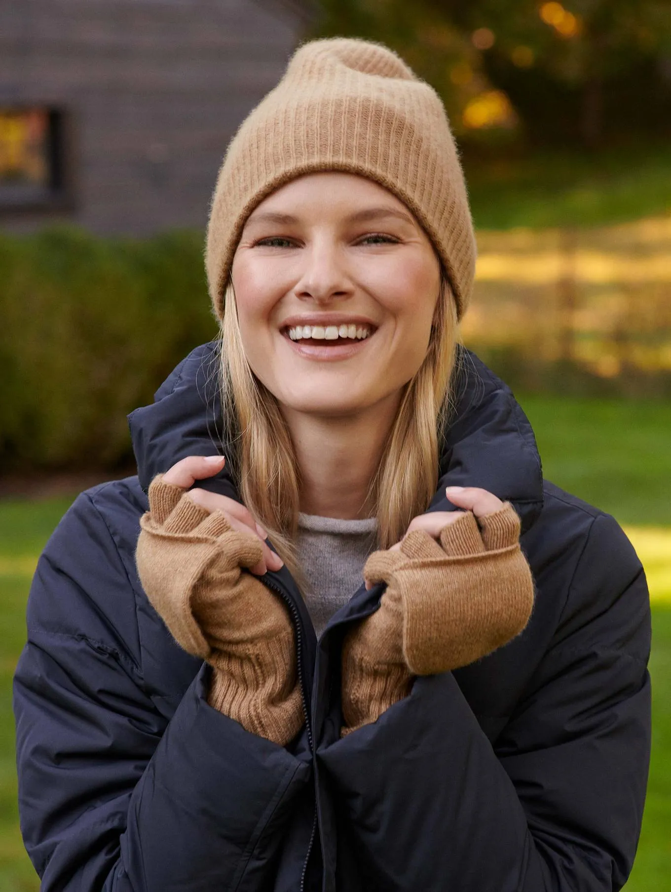 White   Warren - Cashmere Plush Rib Beanie in Camel Heather