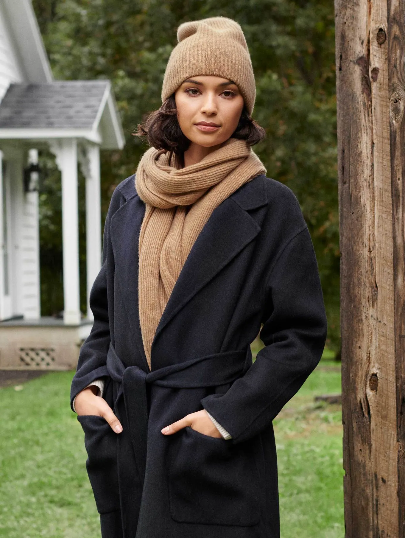 White   Warren - Cashmere Plush Rib Beanie in Camel Heather