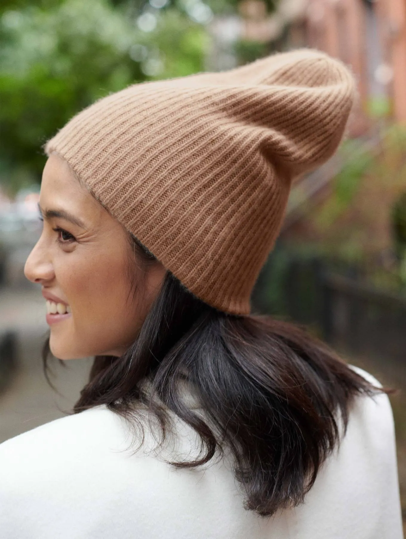 White   Warren - Cashmere Plush Rib Beanie in Camel Heather