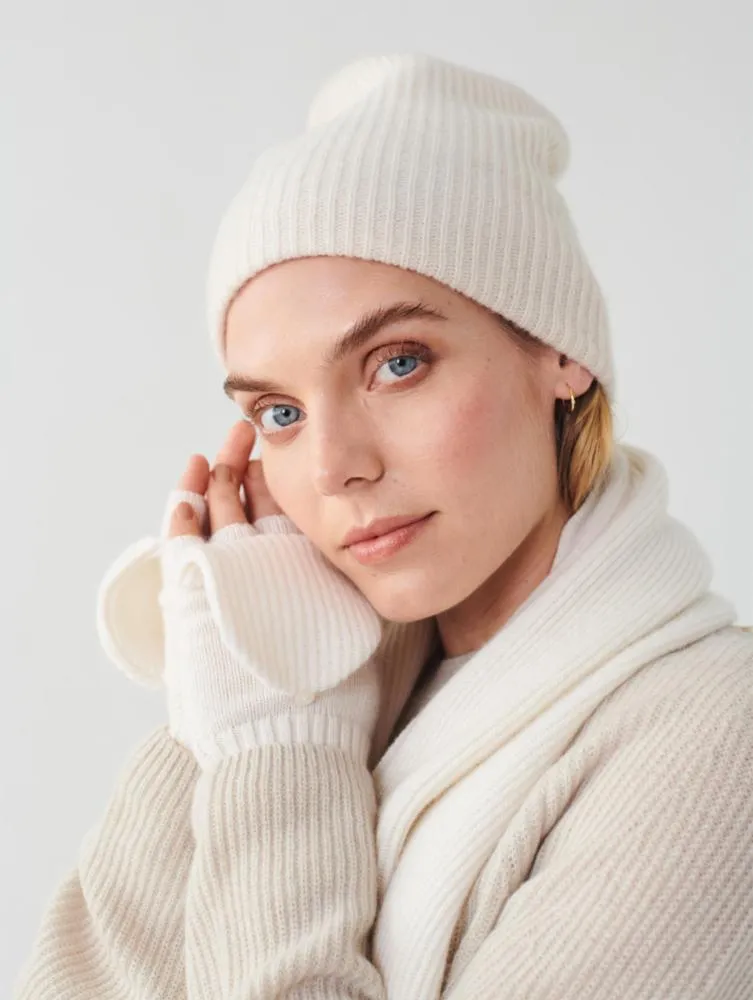 White   Warren - Cashmere Plush Rib Beanie in Soft White