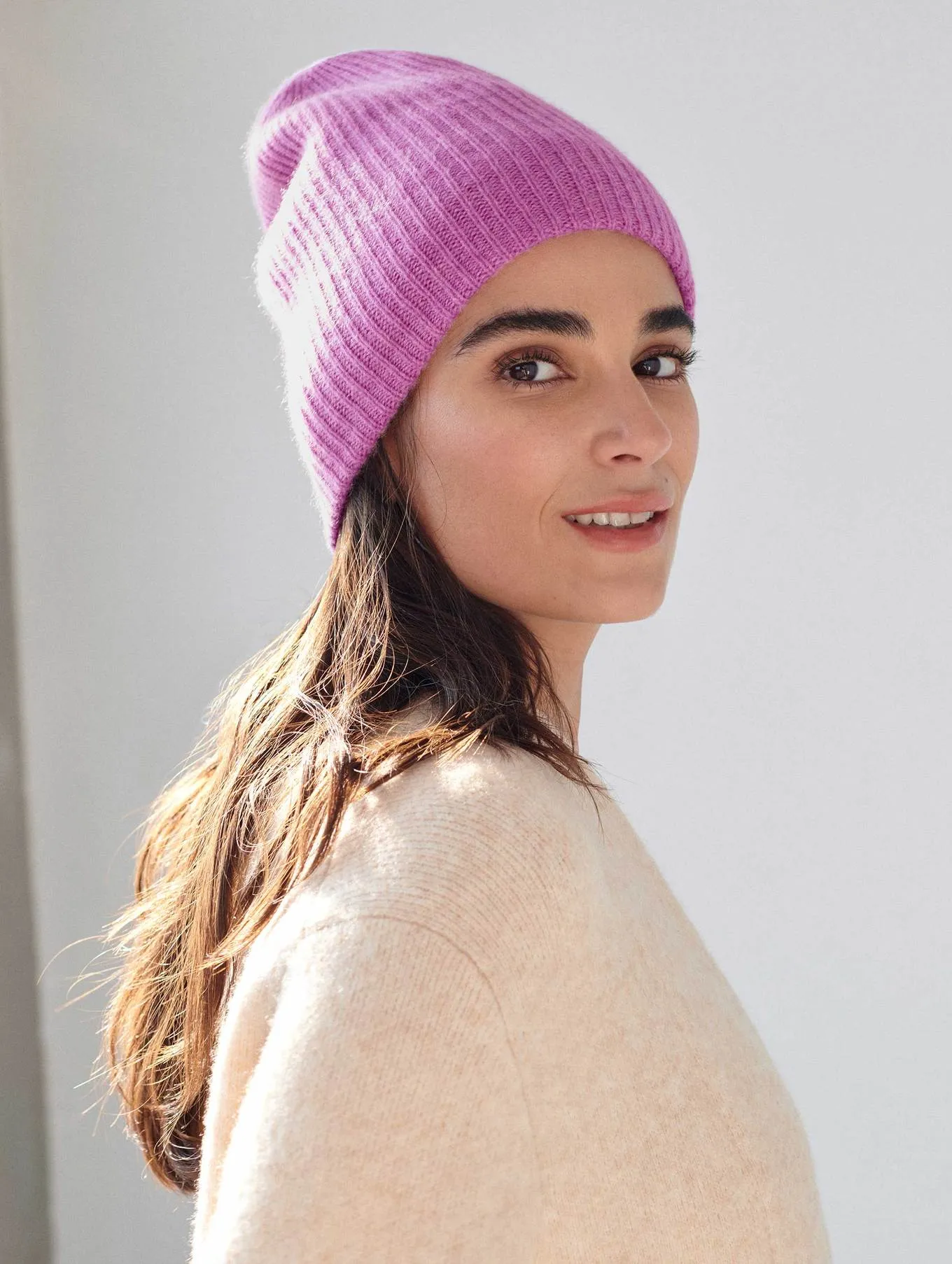 White   Warren - Cashmere Plush Rib Beanie in Wisteria Heather