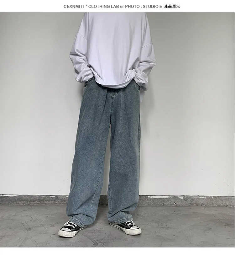 Wiaofellas Korean Style Loose Wide Leg Jeans For Men   Blue Baggy Denim Pants Kpop Clothes Fashion Jeansy Ulzzang Cargo Jeans Male