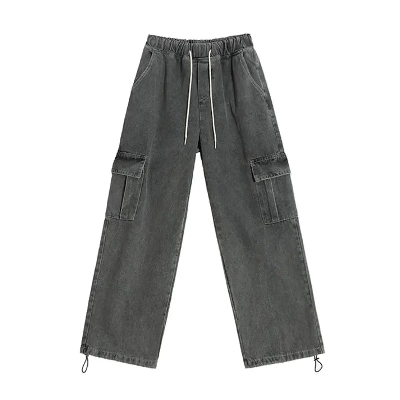 Wiaofellas  -   Summer New Men's Cargo Pants Stylish Korean Style Retro Wide Leg Straight Jeans Pocket Decoration Loose Overalls