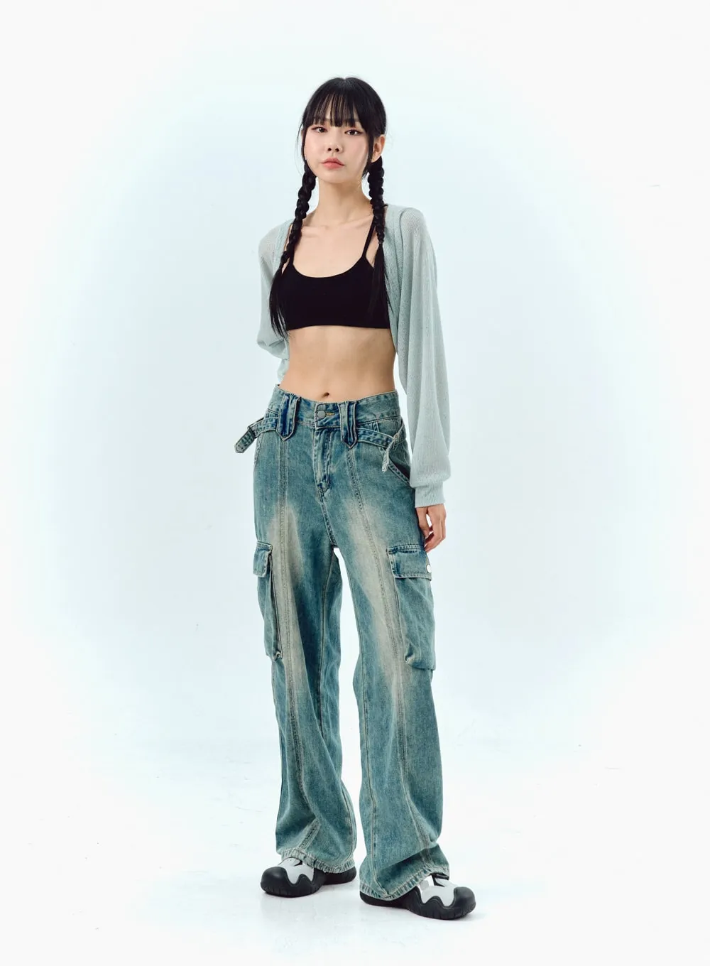 Wide Leg Cargo Jeans in Washed Blue IG311