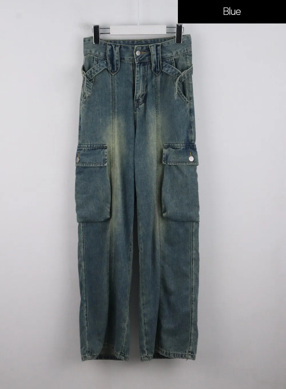 Wide Leg Cargo Jeans in Washed Blue IG311