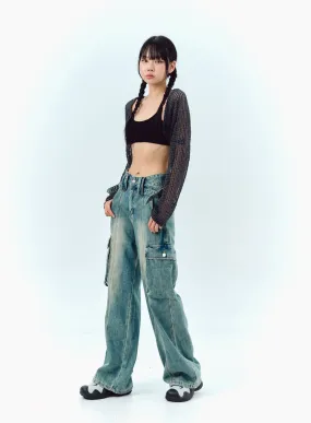 Wide Leg Cargo Jeans in Washed Blue IG311