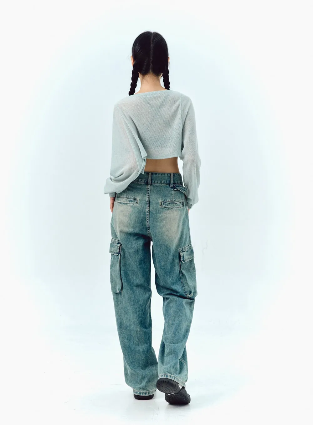 Wide Leg Cargo Jeans in Washed Blue IG311