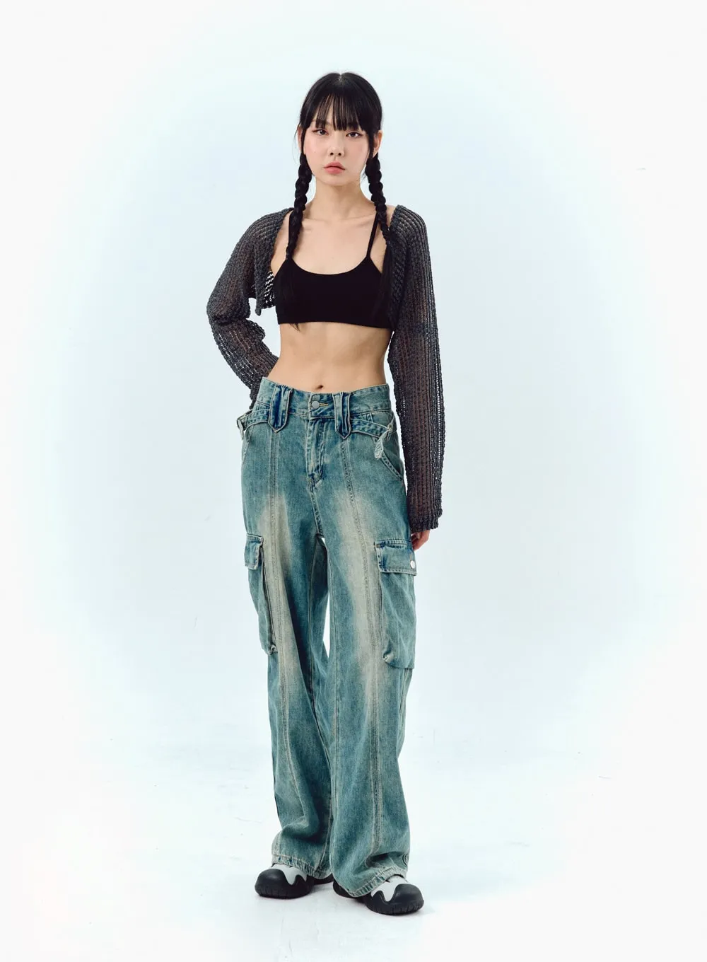 Wide Leg Cargo Jeans in Washed Blue IG311