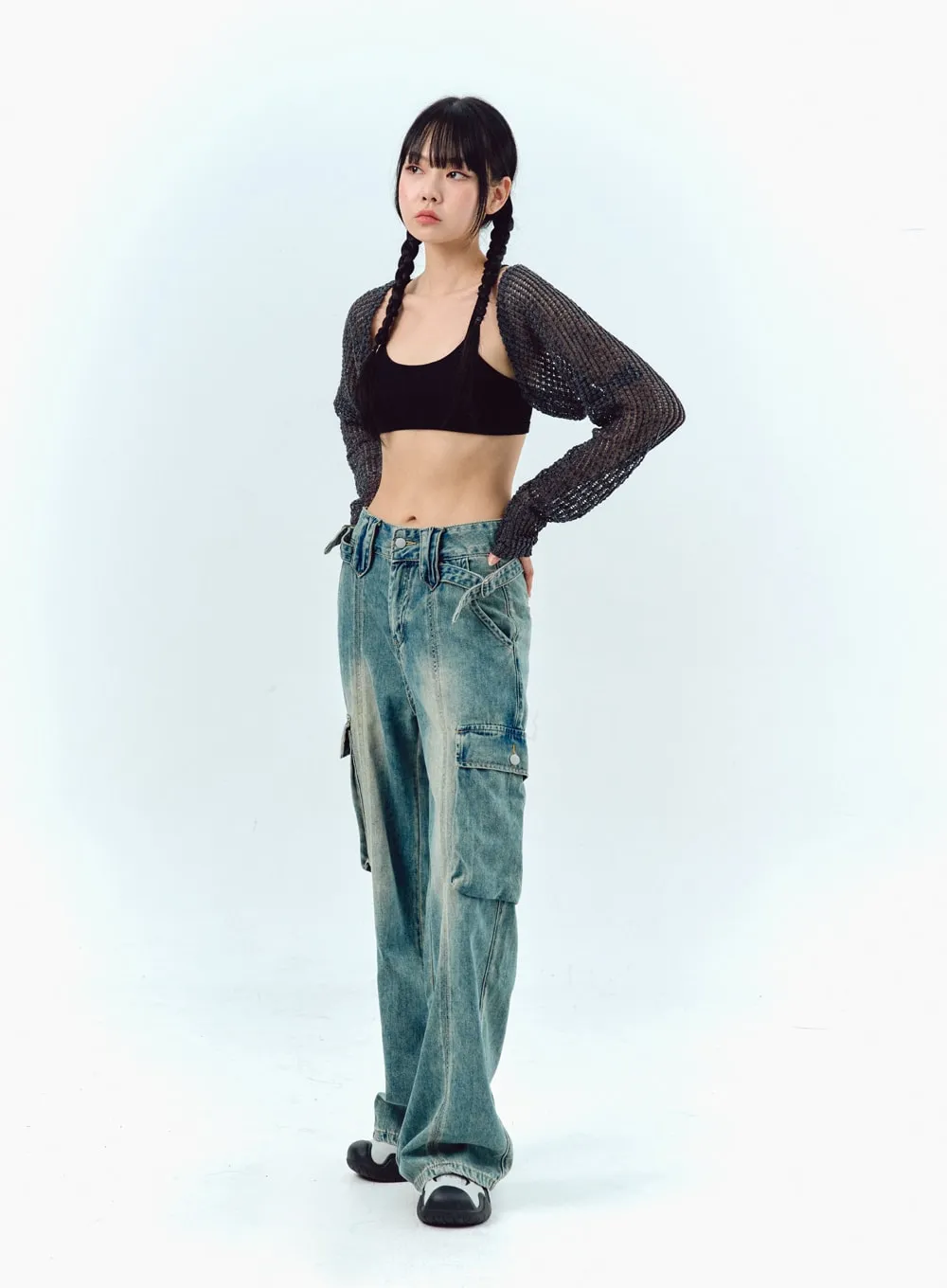 Wide Leg Cargo Jeans in Washed Blue IG311