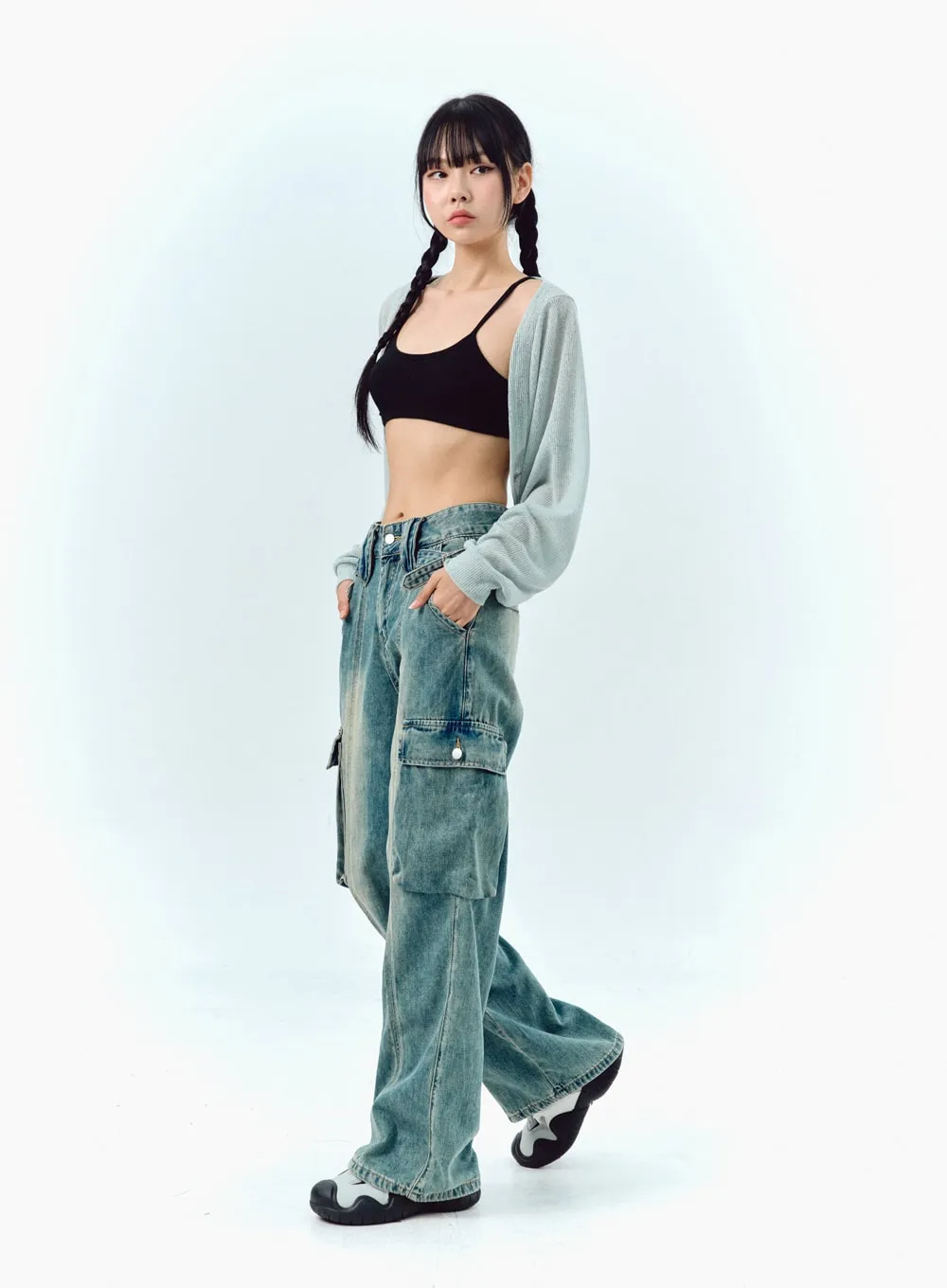 Wide Leg Cargo Jeans in Washed Blue IG311