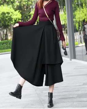 wide leg pants, wool skirt pants, womens black trousers, pants with pocket, winter pants(K1909)