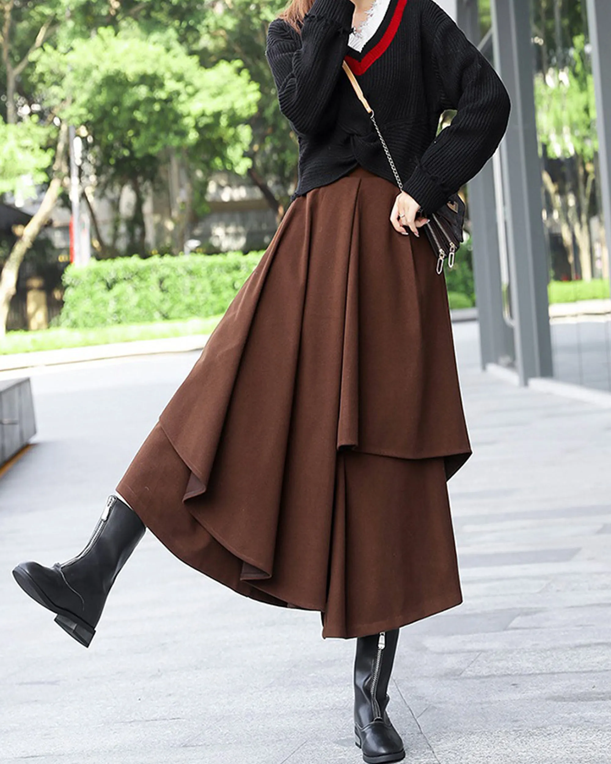 wide leg pants, wool skirt pants, womens black trousers, pants with pocket, winter pants(K1909)