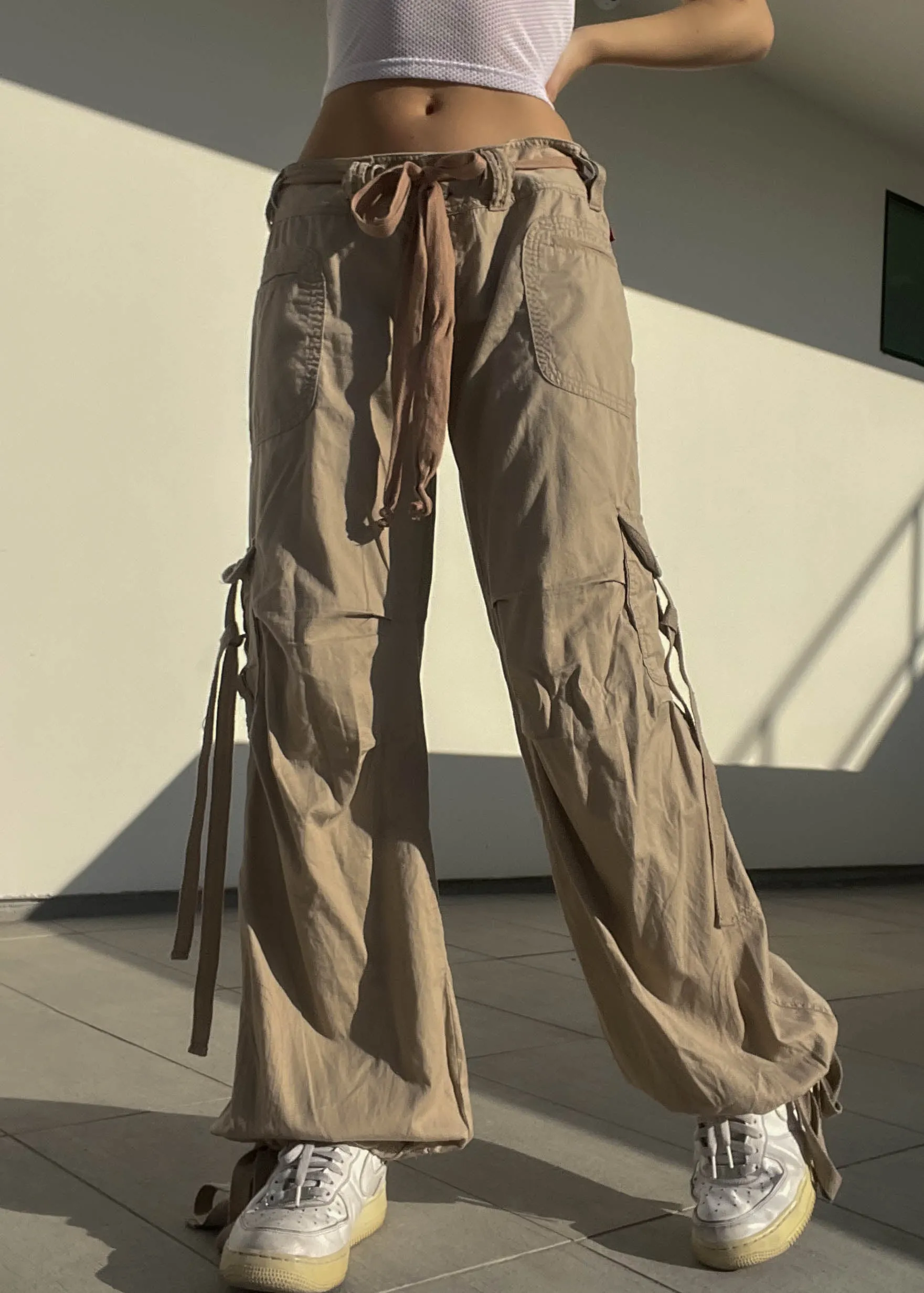 Y2k Tan Baggy Tie Cargos (32-33")