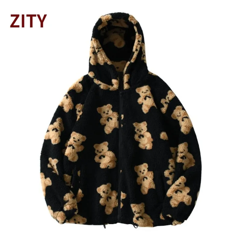 ZITY Cartoon Bear Fleece Hooded Jackets Women Casual Hoodie Female Zip Up Sweatshirt Teddy Coat Warm Hoodies Couple Clothes